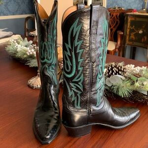 Black Leather Cowboy Boots with Blue Embroidery
